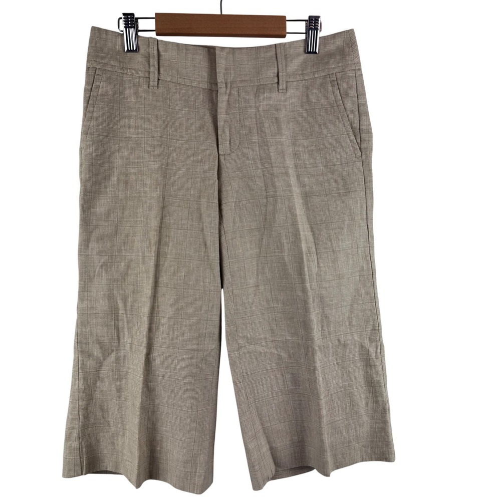 Banana Republic Cropped Trousers Women 0 Beige Glen Plaid Cotton Linen 538378
